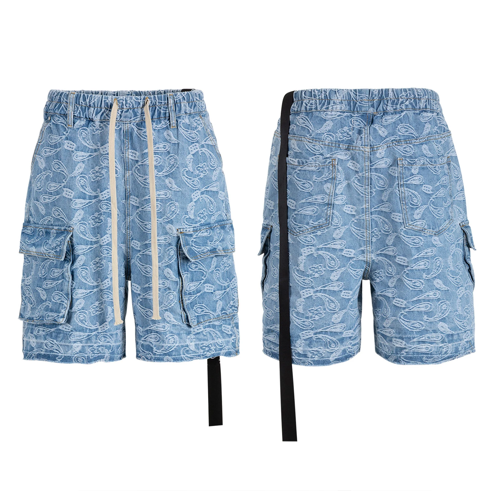 Streetwear Washed Cashew Flower Pocket Summer Denim shorts for Men and Women Wide Leg Baggy Drawstring Cargo Short