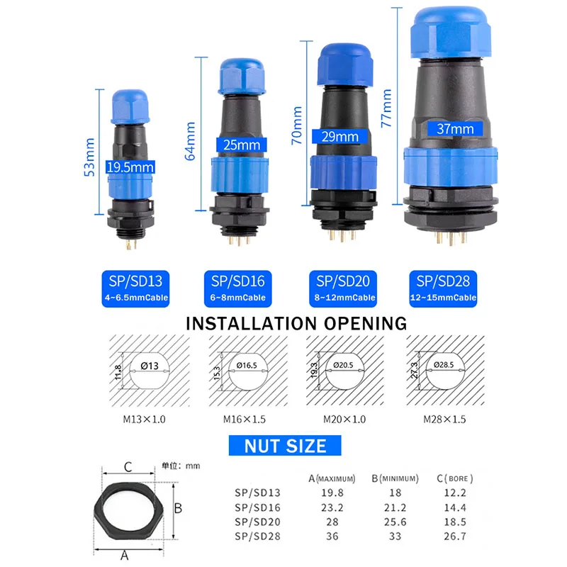 aviation plug connector SP13 SP16/17 SP20/21 2-12PIN Waterproof Aviation Connectors Male/Female Plug Socket Nut/Docking IP68 Cable Wire Connector