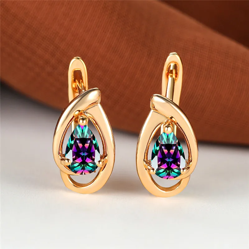 Charm Female Rainbow Blue Zircon Stone Hoop Earrings Vintage Gold Color Wedding Jewelry For Women