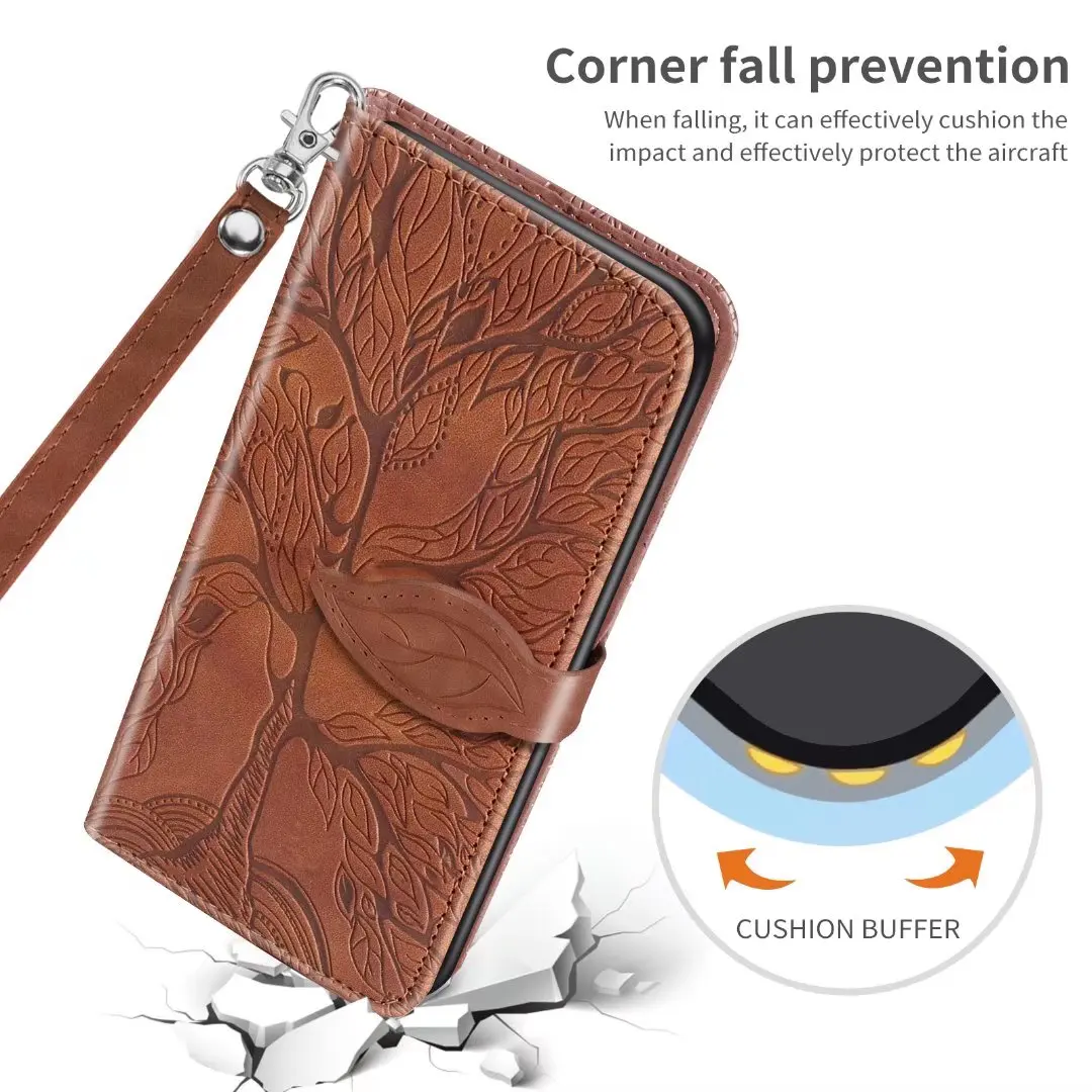 Embossed Tree Leather Phone Wallet Case Book Flip Cover