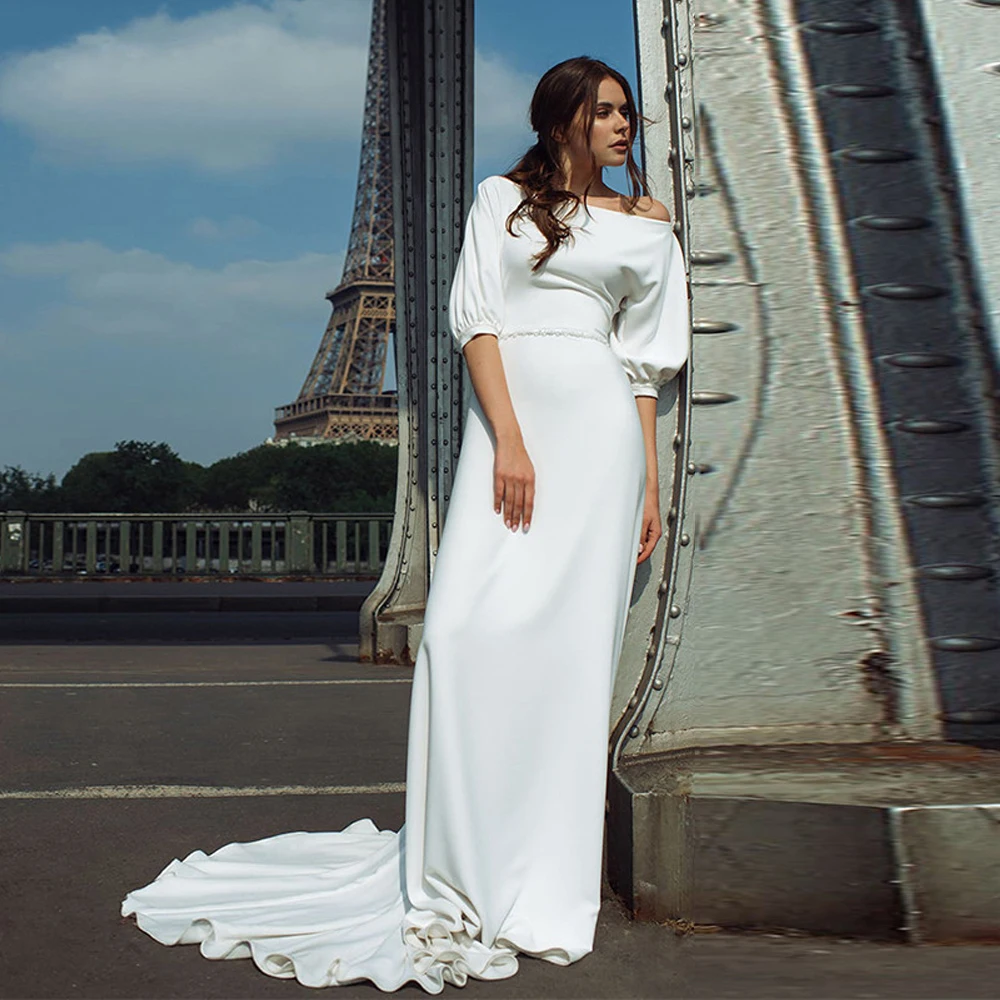 Elegant A-Line Wedding Dress For Bride 2024 Half Sleeves Button Back robes de mariage Vintage Bridal Gown Vestido De Novia 2024 chic satin princess wedding dresses long sleeves bride dress a line high slit bridal gowns sweetheart vestido de novia 2024