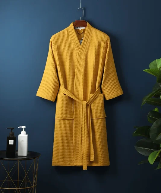104377-efc8fc.jpg Robe en coton éponge pour printemps et été, Robe du matin fine, peignoir gaufré à manches longues, serviette de bain de beauté d'hôtel pour Couples