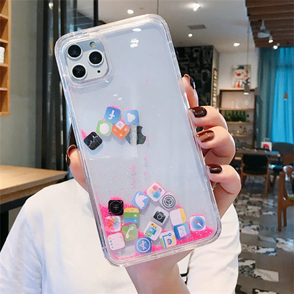 Quicksand Cover for iPhone 13 12 11 Pro Max Liquid Hard Phone Shell for iPhone 6 6S 7 8 Plus X XR XS Cute Apps Icon Case
