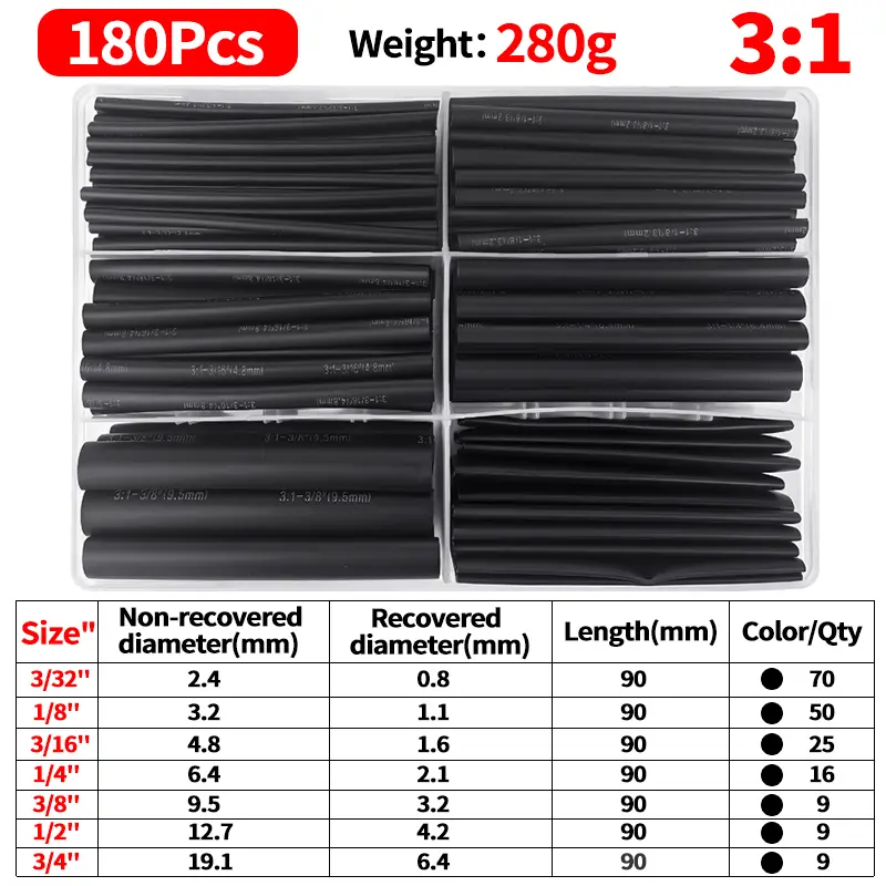 180-500PCS 3:1 Adhesive Heat Shrink Tubing Kit Polyolefin Wire Cable Sleeve Waterproof Insulation Assorted Pre Cut Tubes image 7