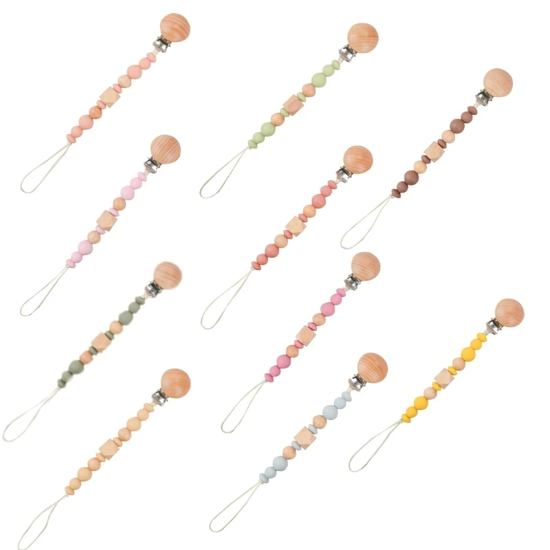 

67JC Cute Wooden Bead Pacifier Clips Silicone Dummy Chain Holder Newborn Soother Chains Nipple Holder for Babies