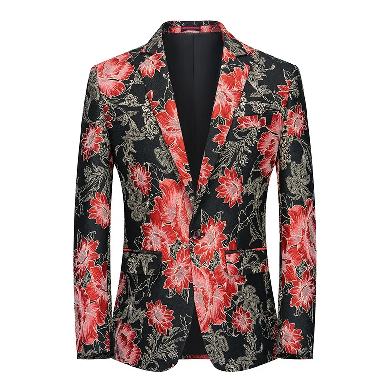 Embroidered Men's Blazer 2023 New in Green Red Orange Single Button Suit Jacket Elegant Luxury Wedding Party Dress Man Slim Coat