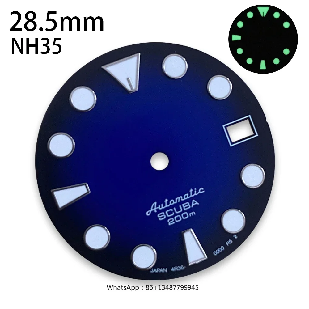 S 로고 다이버 다이얼, 일본 NH35, NH36, 4R, 7S 무브먼트, 그린 루미너스 시계 수정 액세서리, 28.5mm