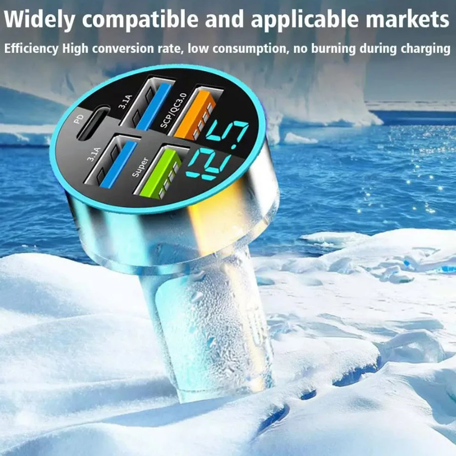 15.5W 4USB Car Charger Type-C Digital Display Car Power Charger 5V 3.1A With Voltage Detection Multi-port Car Power Adapter
