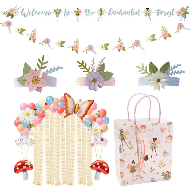 Woodland Fairy Birthday Party Banner Decorations Mushroom Favor Bags Fairy Forest Garlands Birthdays Tea Party Buntings Supplies