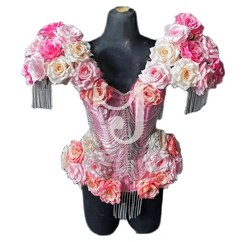 

Bar Nightclub Women Singer Drag Queen Costume Sexy Stage Wear Pink Flower Tassel Chains Bodysuit Club Festival Party Performance