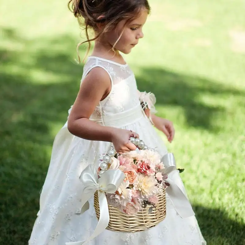 Wicker Rattan Flower Child Basket with Pearl Handle and Bowknot Hand Woven Flower Basket Wicker Basket for Wedding Party 4