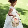 Wicker Rattan Flower Child Basket with Pearl Handle and Bowknot Hand Woven Flower Basket Wicker Basket for Wedding Party 4