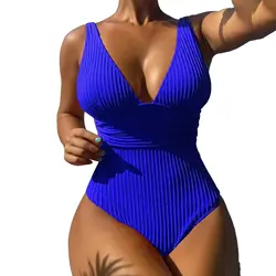 Elegant V - Neck Contrast Mesh Tummy Control One - Piece Swimsuit - M (V - blu)