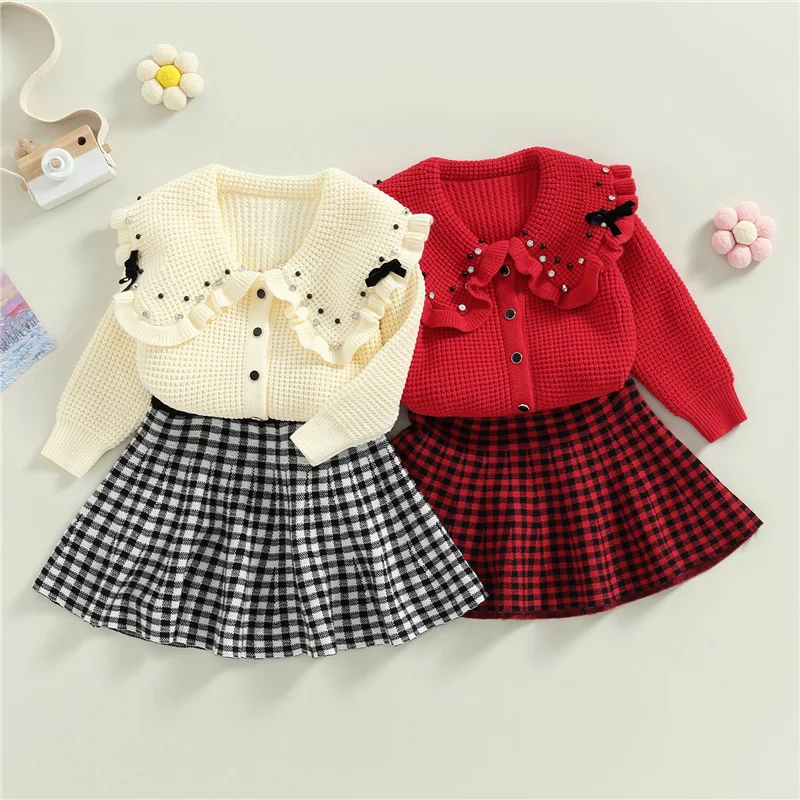 

Kids Girls Spring Autumn Stylish Outfit Long Sleeve Button Knitted Sweater Cardigan and Casual Plaid A-line Skirt Set, 2-7Years