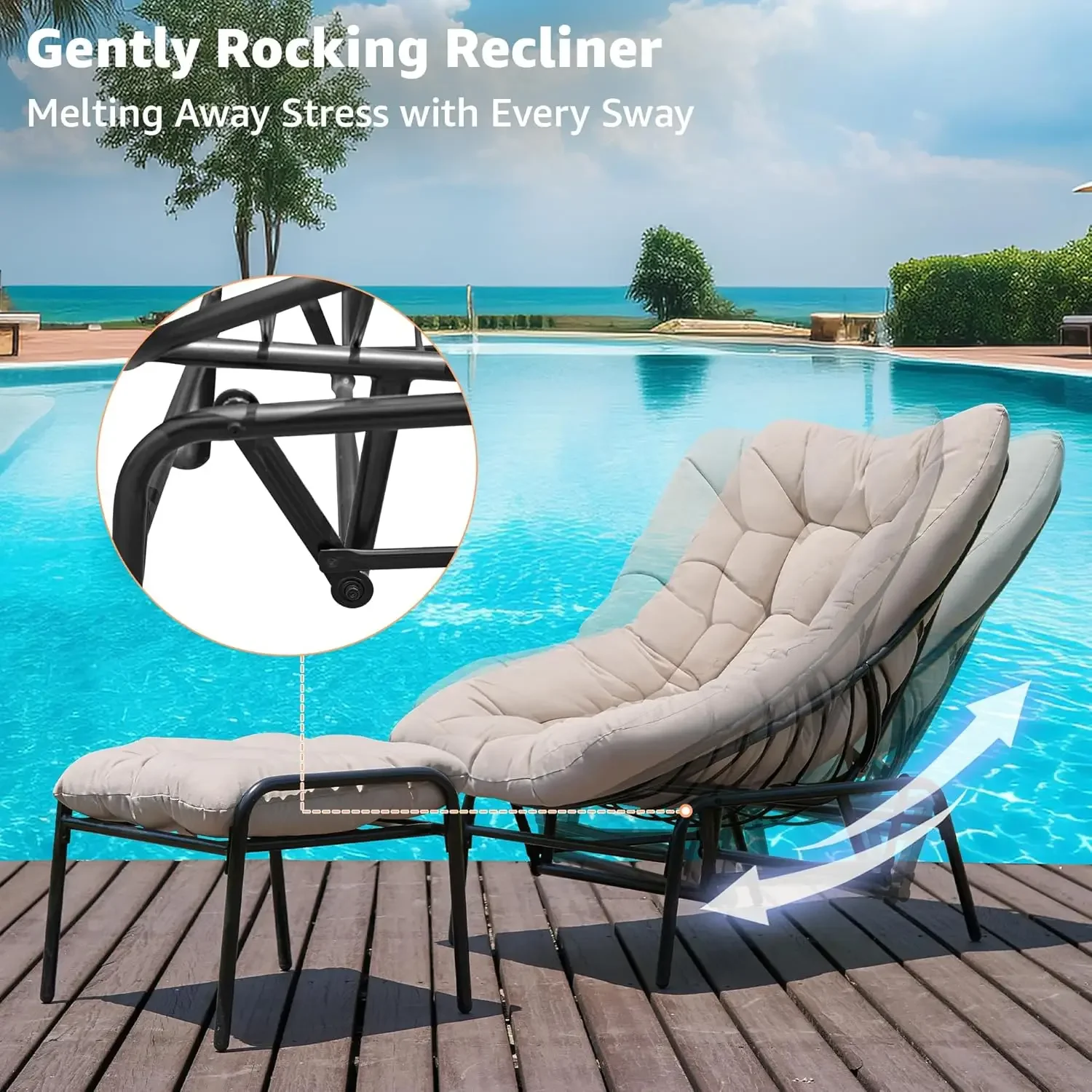 NEW-Lounge Chair Outdoor with Ottoman, 2-Piece Gentle Rocking Chaise Lounge Set, 4.7" Removable Cushion & Sturdy Frame