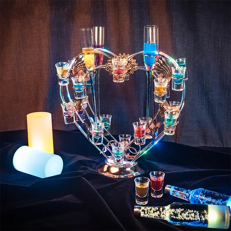 Rechargeable LED Luminous Growing Cocktail Tray Heart Shaped Wine Glass Cup Holder For Bar Disco Club Party Supplies