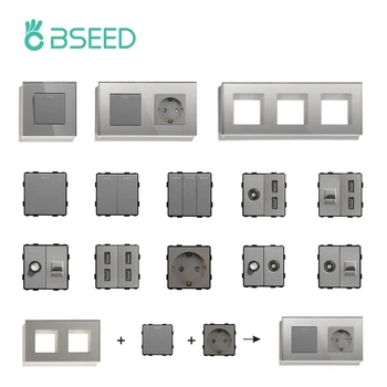 Bseed EU Standard DIY USB TV Satellite Computer Socket Function Parts With Crystal Glass Frame Grey Color For Home Improvement