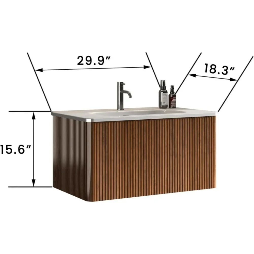 30" Bathroom Vanity Sink Combo Single Sink Wall Mounted Bathroom Cabinet  with Soft Close Drawers, Walnut 3