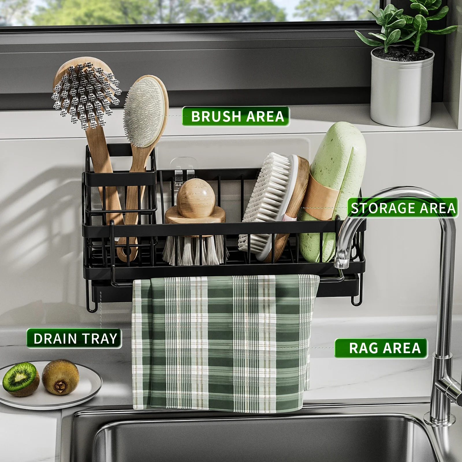 1pc Kitchen Sink Sponge Drain Rack Sponge Towel Brush Cleaner Storage Wall mouted style Countertop style Black 4