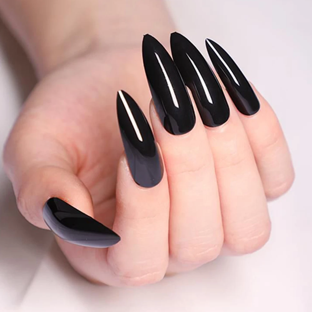 Uñas postizas puntiagudas y afiladas, puntas de uñas acrílicas de Stiletto  largo negro, manicura de cobertura completa, 24 piezas| | - AliExpress