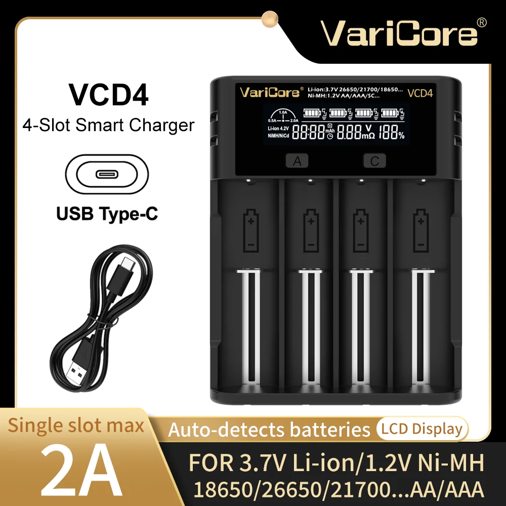 Battery Charger Varicore 18650 VCD4 for NiMH Li-ion 3.7V 1.2V 26650 26700 14500 26700 18350 21700 AA AAA