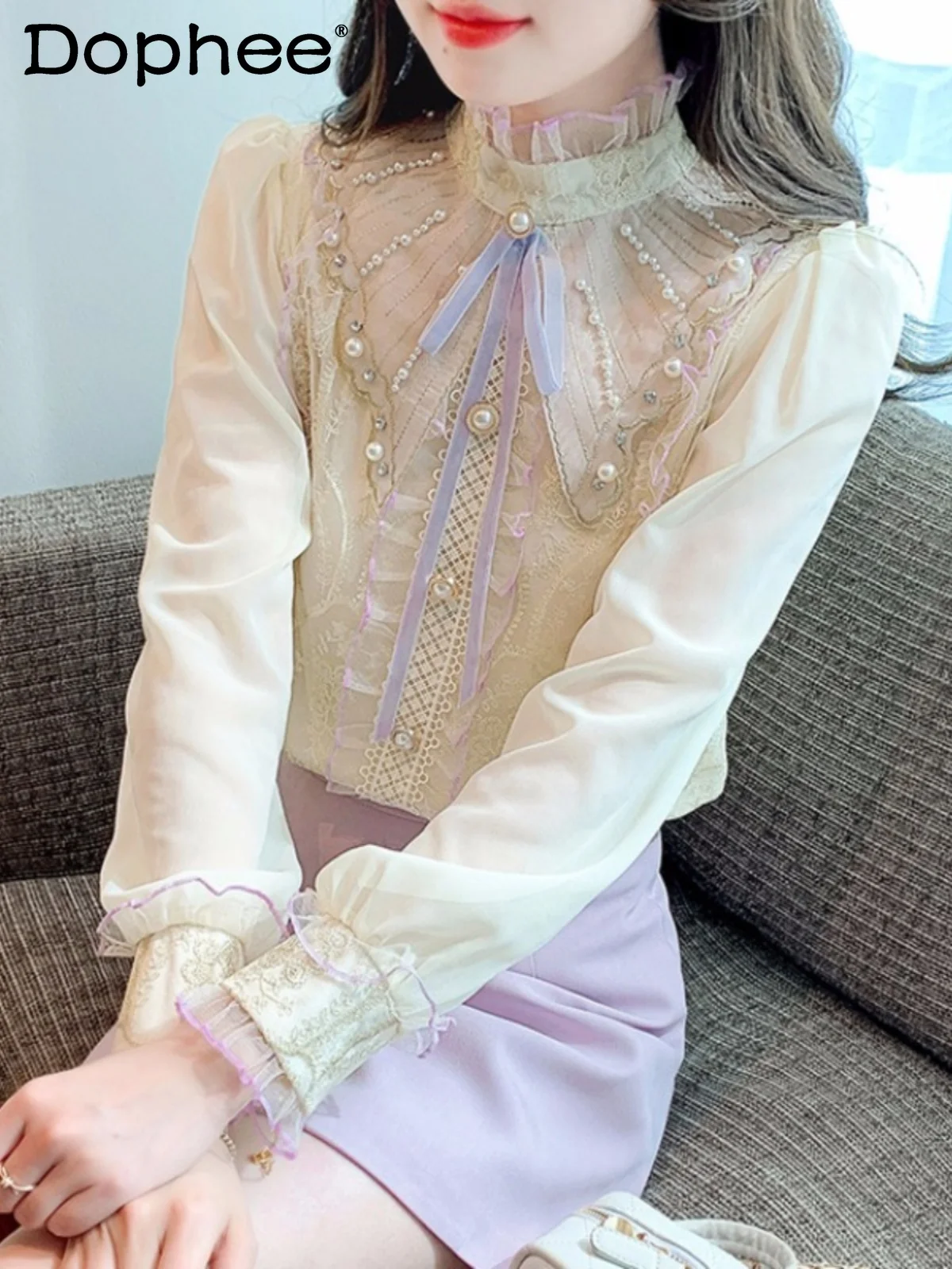 Office Lady Stand Collar Puff Sleeve Lace Top Spring Autumn Vintage Long-Sleeve Single-Breasted Chiffon Shirt Women's Clothing