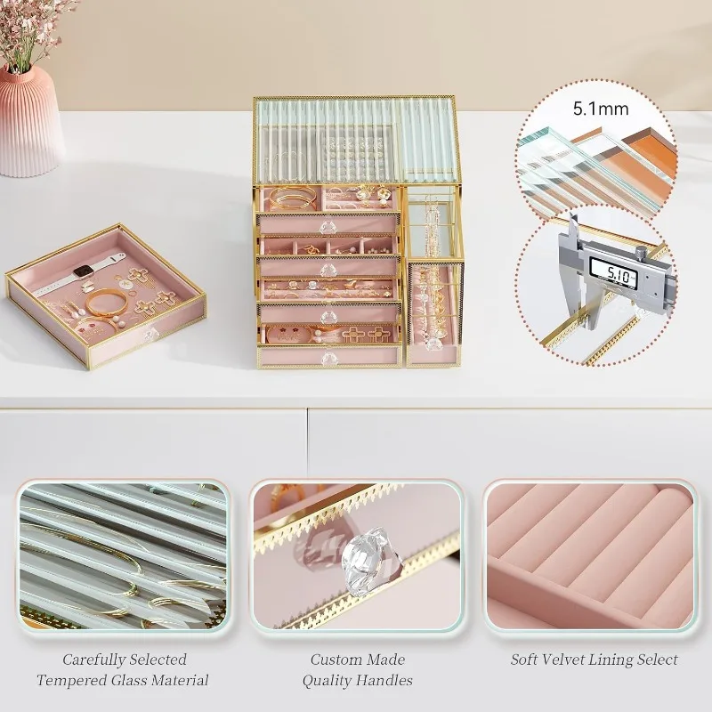 Jewelry organizer box-Tempered Glass 5-Drawer jewelry boxes for women, Large Jewelry Boxes 4