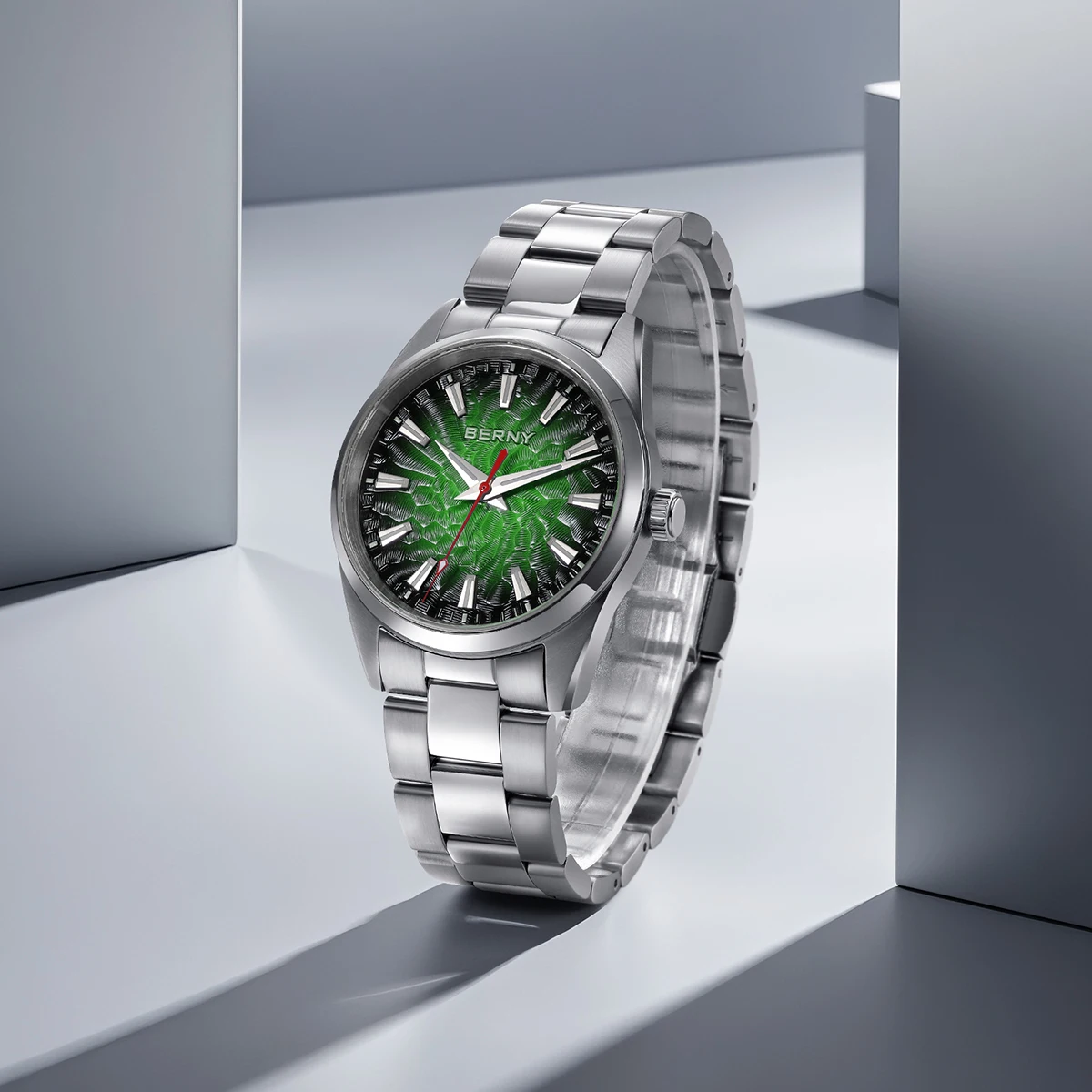 BERNY Uhren für Herren, leuchtende Saphir-Quarz-Herrenuhr, modisch, lässig, 10 ATM, komplett aus Edelstahl, Business-Armbanduhr – Detail 10
