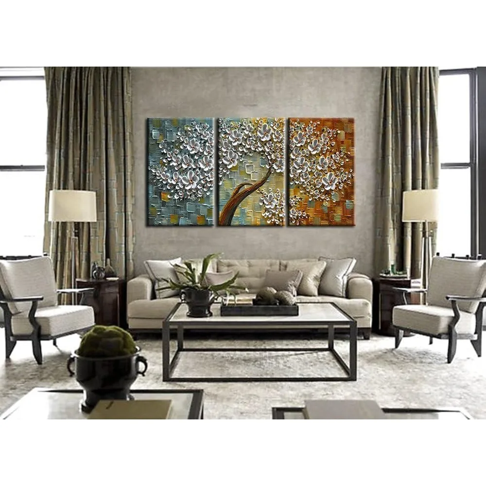 

Hand Painted 3 Panels Contemporary Art Oil painting Canvas 3D Flower Trees Modern Home Wall Decoration Artwork Paintings to Hang
