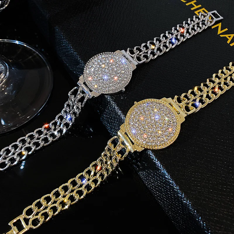 Fashion Bracelet Fashion Jewelry Luxurious Full of Rhinestone Clock Dial Bracelets For Women Shiny Crystal Gold Plated Bracelet Party Jewelry Gift