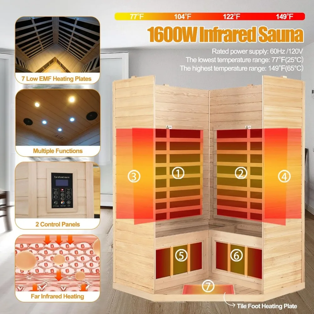 Far Infrared Wooden Sauna Room, 2-3 Person Home Sauna, Canadian Hemlock Indoor Corner Sauna Spa, 7 Low EMF Heaters, 2 Bluetooth 3