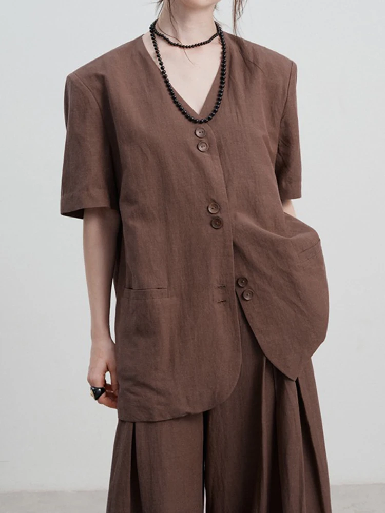 [LANMREM] Minimalism Linen Short Sleeve Blazers For Women V Neck Single Breasted Office Lady Jackets 2024 Summer New 26D9135