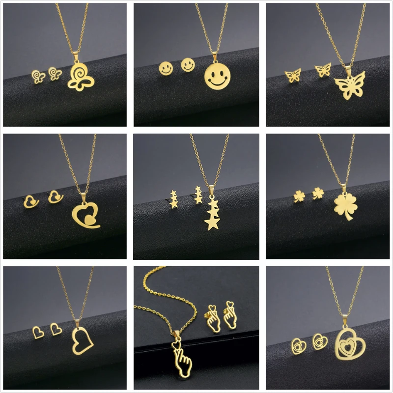 

2022 New Women's Stainless Steel Necklace Earring Set Hip Hop Bear Star Heart Geometric Pendant Necklaces for Girls Jewelry Gift