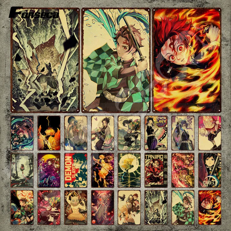 

TV Animation Vintage Tin Sign Classic Cartoon Demon Slayer Metal Plate Plaque Iron Painting Wall Stickers for Kids Room Decor