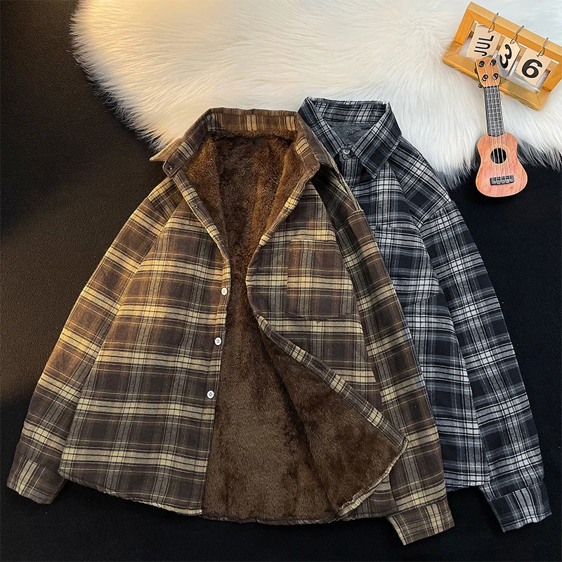 Autumn Winter Plaid Long Sve Fce Lined Casual Thiened Retro Trendy Hong Kong Sle Loose irt for Men Youth Faion