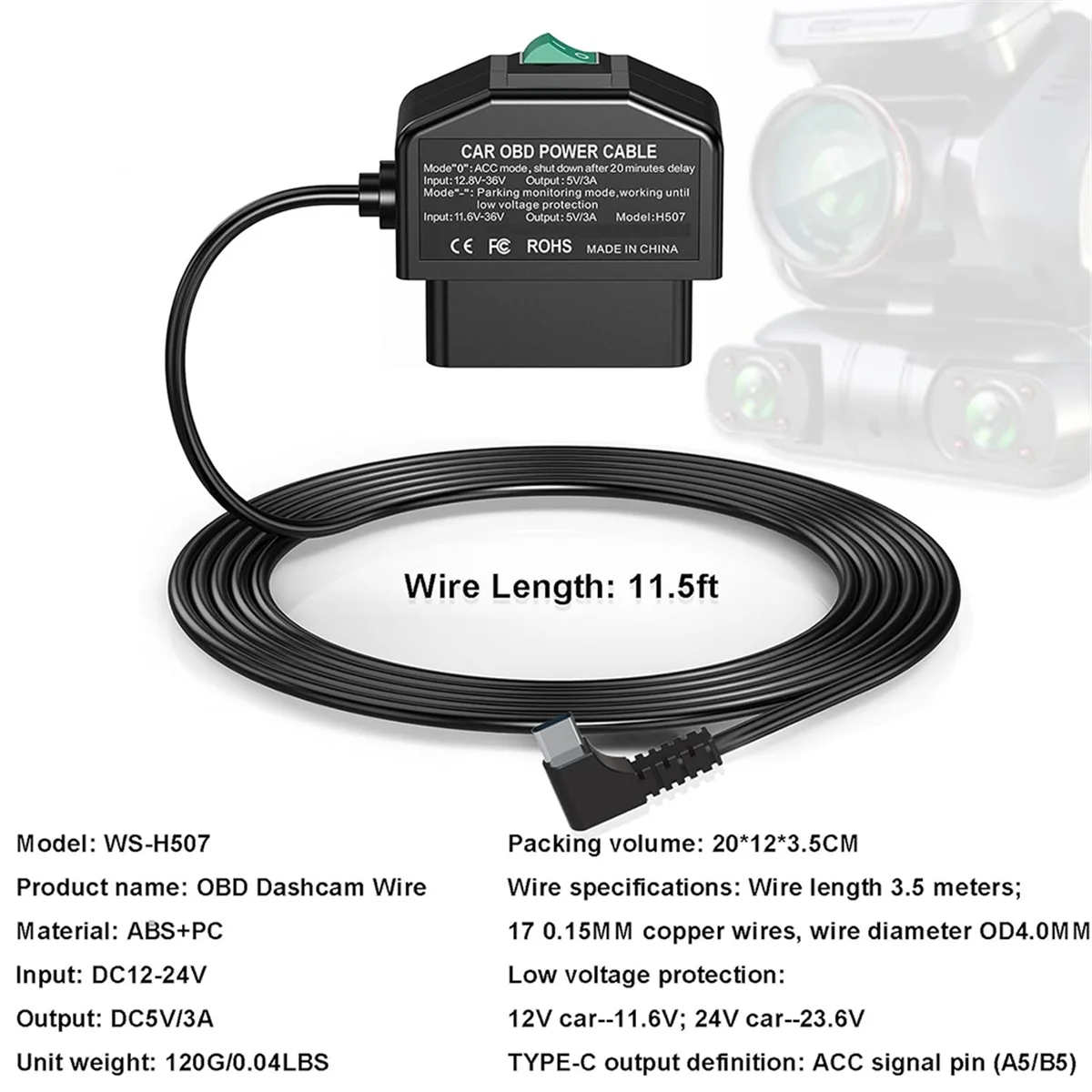 Dash Cam OBD Hardwire Kit with USB Type C Connector - 12-24V to 5V/3A Power Adapter