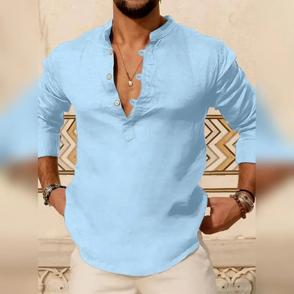 

Men Button Top Men Long Sleeve Shirt Slim Fit Pullover Men's Henry Neck Long Sleeve Shirt with Casual Buttons Soft Breathable