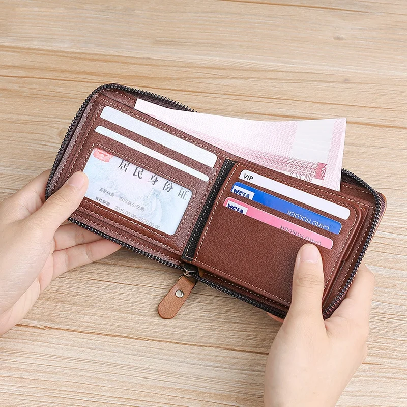 Men's PU Leather Wallet Zipper Small Purse Card Holder Man Coin Purse Man Money Bag Cross Style Multi-function Card Bag