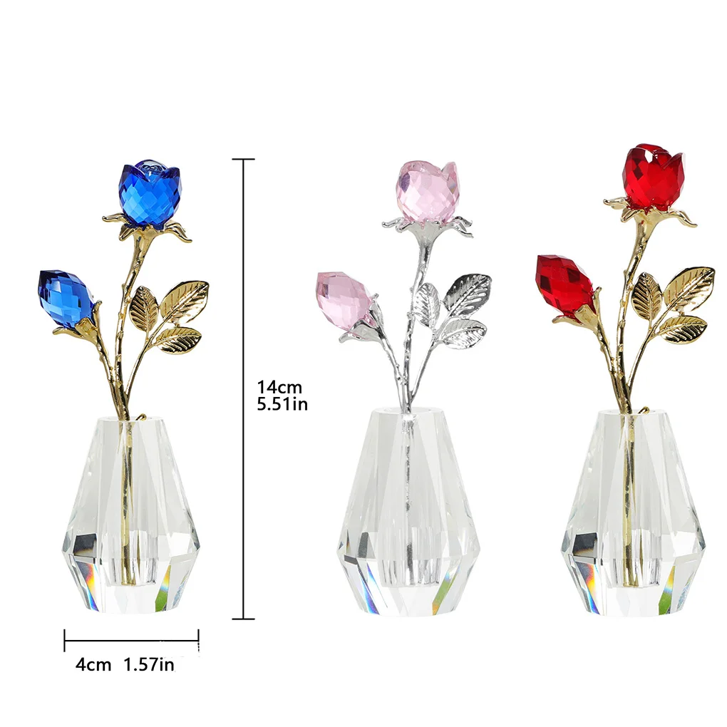 Estatuilla de rosa de cristal con poste de plata, regalo elegante para cualquier ocasión, dos rosas azules de cristal, varilla de plata rosa de calidad Premium