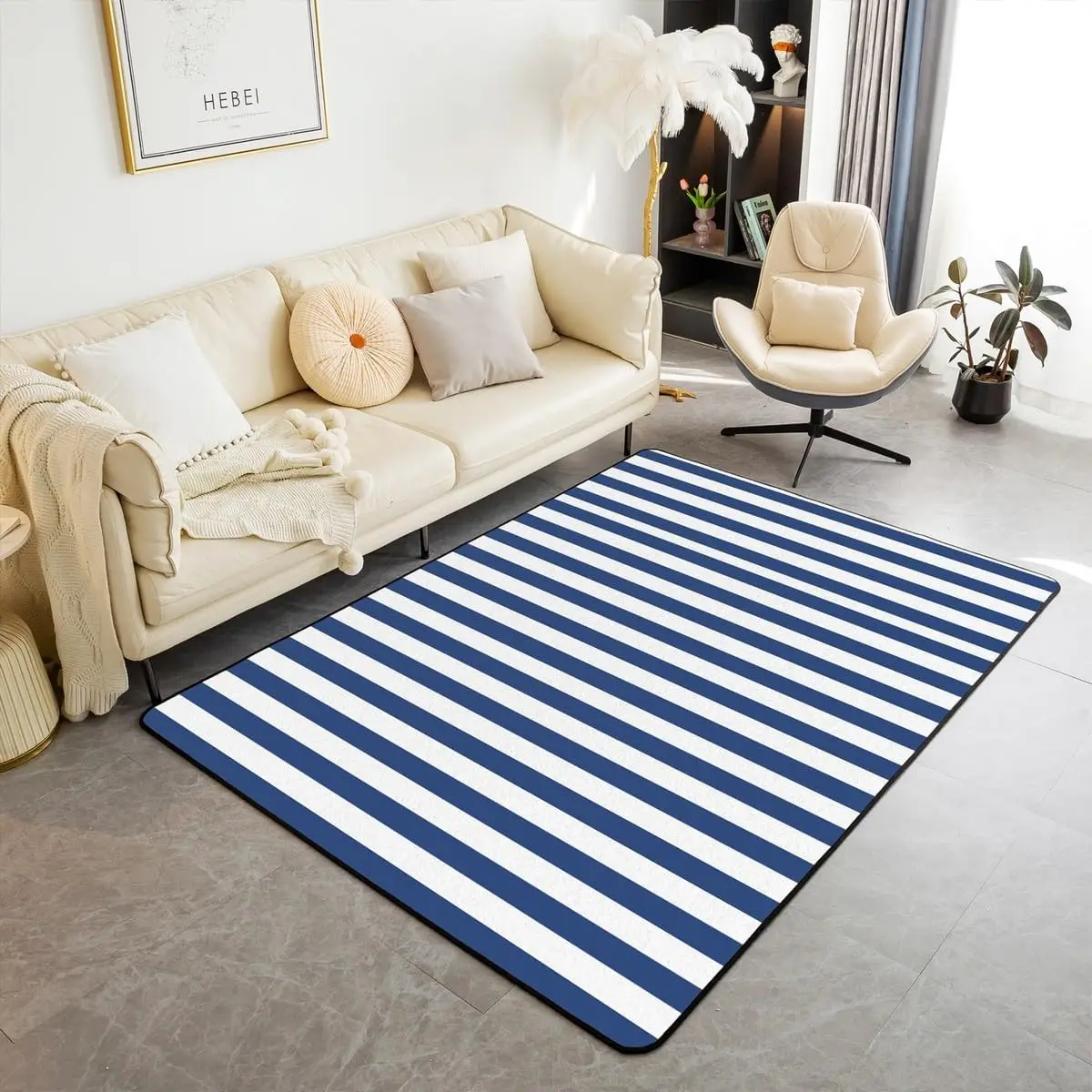 White Navy Blue Striped Area Rug Polyester Striped Living Room Rugs for ...