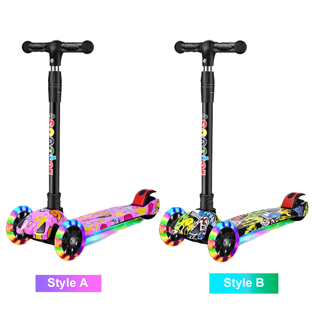 Foldable Kick Scooter Light-Up Wheels 3 Wheel Scooter Adjustable Height Kids Push Non-Slip Deck for Children Ages 2-10