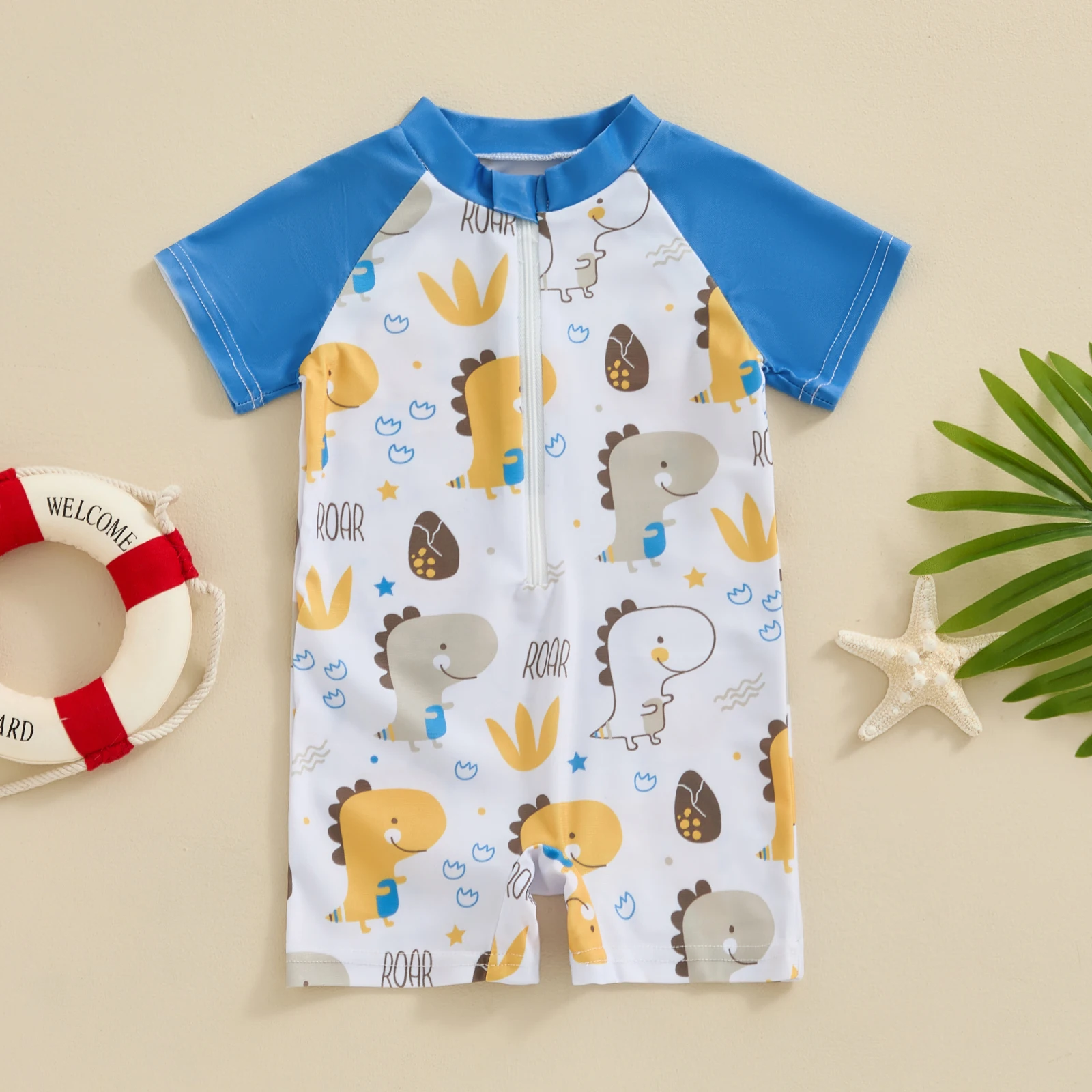 FOCUSNORM 0-3Y Infant Baby Boys Swimwear 2 Colors Cartoon Animal Print Short Sleeve Front Zipper Bathing Suits