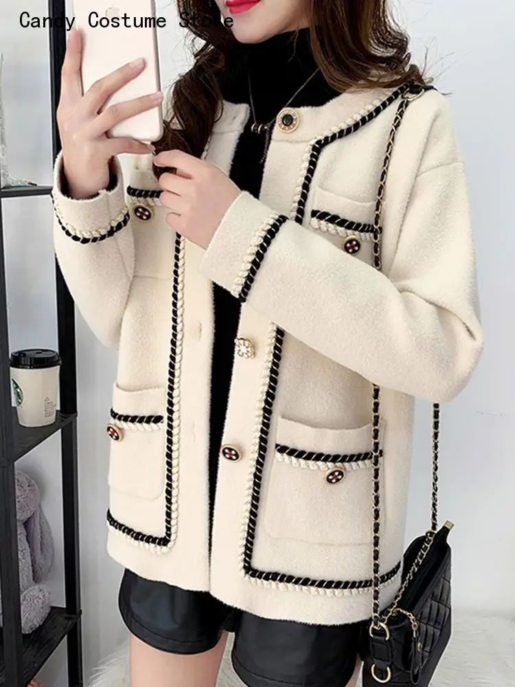 Wool Jacket Autumn Women Coat Long Sleeve Breasted Single Korean Soft Fashion Button White Black Winter Casual Lady Clothes