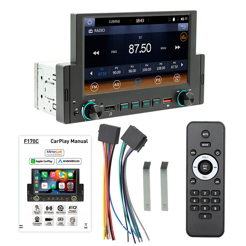 Radio con Bluetooth para coche, Apple CarPlay, 1 Din, 5 pulgadas pantalla,  Android-Auto, manos libres, reproductor MP5, A2DP, USB, receptor FM,  Autorradio unidad principal del sistema de Audio F160C