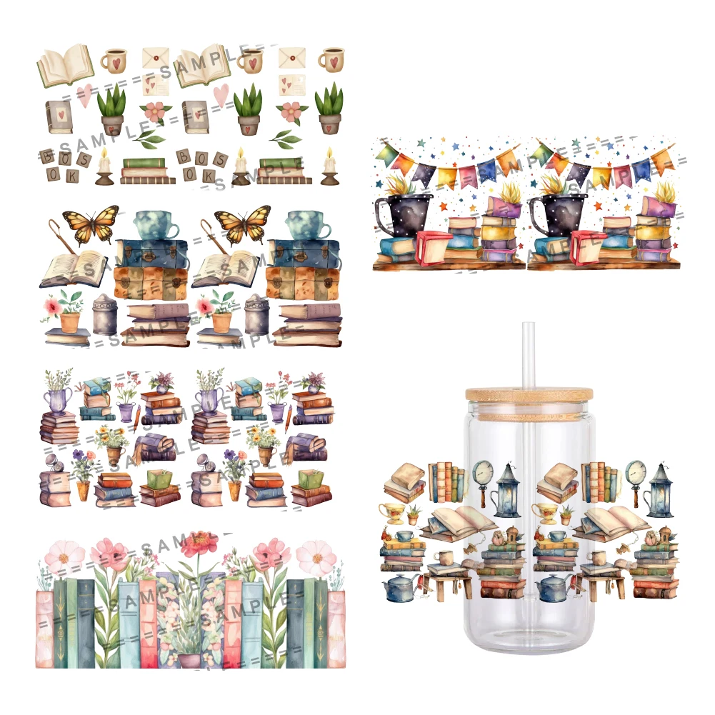 Lovely Coffee Books Pattern UV DTF Transfer Sticker Waterproof Transfers Decals For 16oz Glass Cup Wrap Stickers