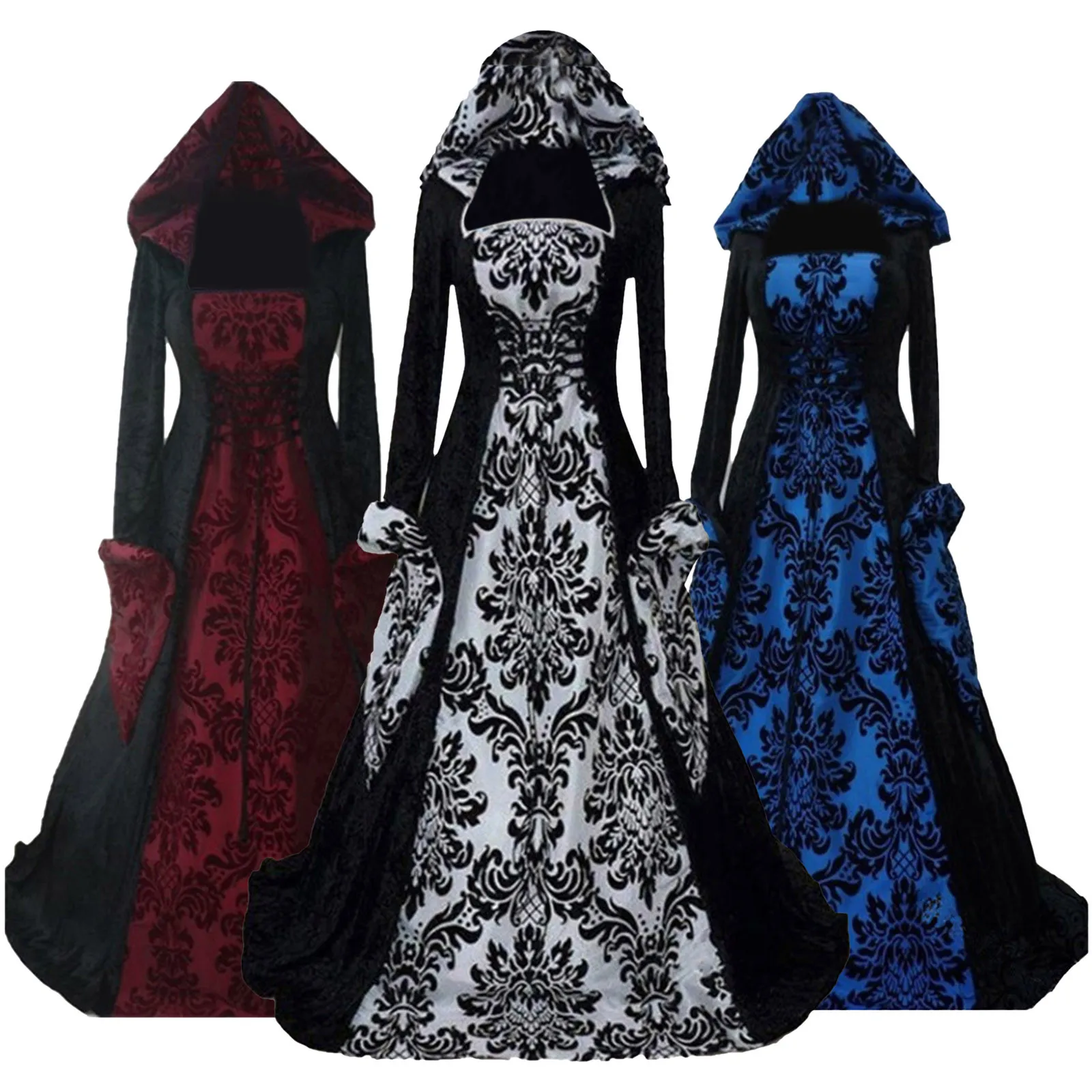 Vestido Medieval Con Capucha Para Mujer – Túnica Gótica De Terciopelo Con Cordones – Manga Trompeta Para Halloween Y Cosplay