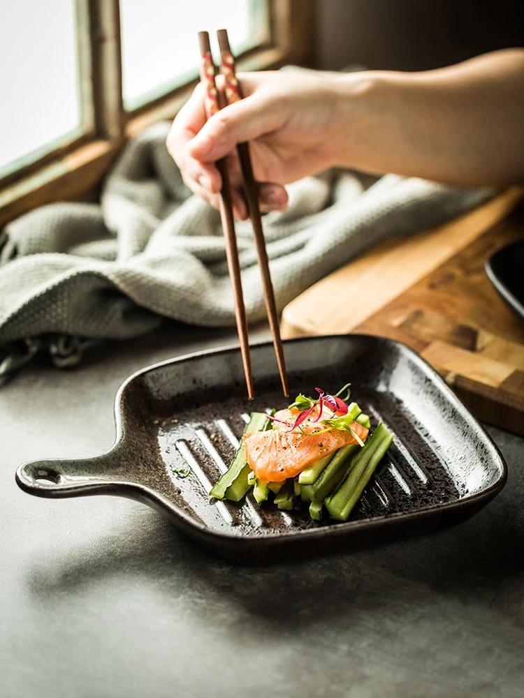 Ceramic Dessert Plate Oven Specific Breakfast Plate Japanese Square Handle Salad Platea Nuts, sushi, vegetables fruit