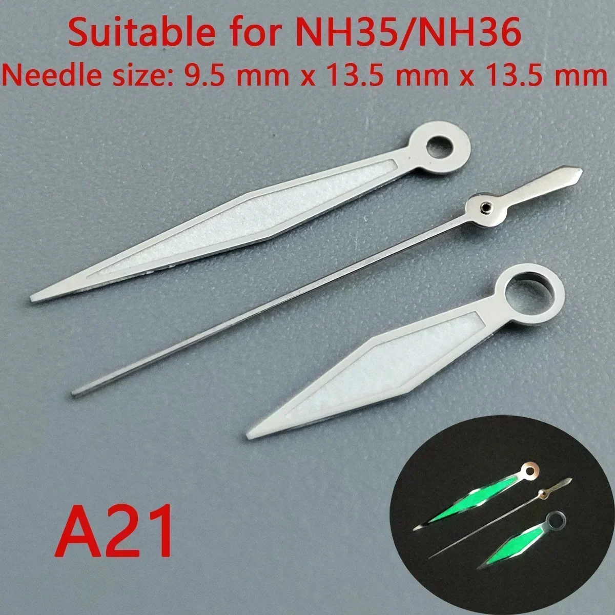 Premium 904L Silver Watch Hands with Green Luminous Accents - Wholesale Watch Accessories