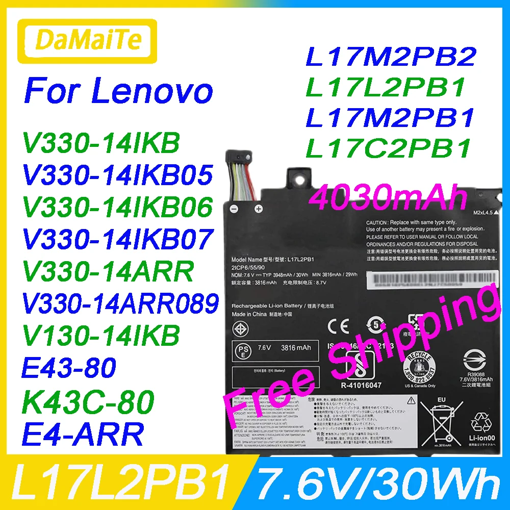 Bateria do Portátil Substituição para Lenovo L17m2pb1 V33014arr V330-14ikb Series 5b10p54001 5b10w67379 L17l2pb1 L17c2pb2