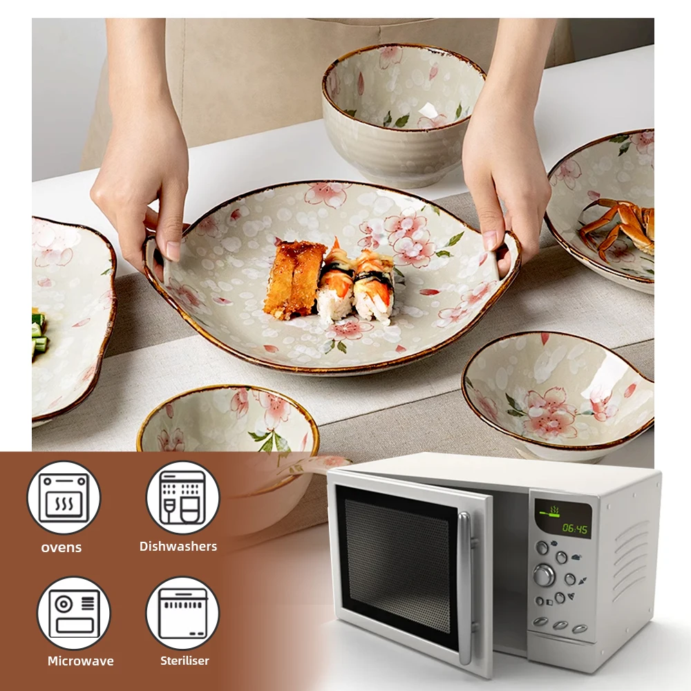 10.4inch Ceramic Dinner Plates Japanese Round Plate With Handle Dinner Plates Pasta Plate Kitchen Tableware Microwave Household